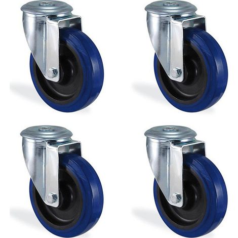 Lot roulettes à oeil pivotantes caoutchouc élastique bleu diamètre 100mm charge 450kg