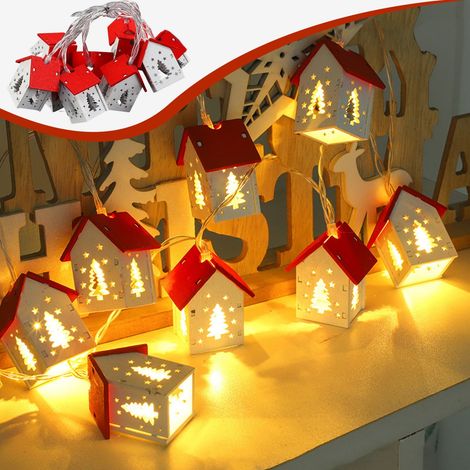 Guirlande Lumineuse En Bois - Maisonnette De Noël Avec Motif Arbre De Noël Découpé - 2 M - 10 Unités - LED Blanc Chaud - Alimentation USB (1/5)