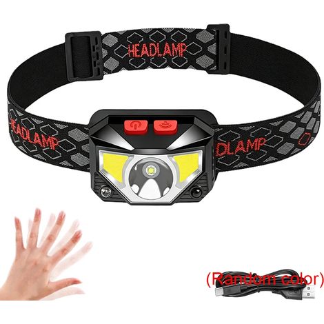 Lampe frontale LED COB+ à 8 modes (1 pièce), rechargeable par USB et dotée d'un détecteur de mouvement. Lampe frontale pour la pêche et le camping, avec éclairage blanc et rouge. (1/5)