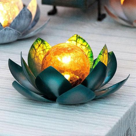 AIINY Lampes solaires d'extérieur (lot de 2) - Lampes décoratives artistiques en verre craquelé en forme de lotus - Lampes solaires LED étanches en métal bleu à motif floral - Convient pour les patios (1/5)