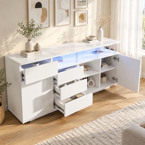 Credenza bianca 160 x 40 x 75 cm con LED, 4 cassetti, 2 ante e ripiani regolabili OKMYHOME (1/5)