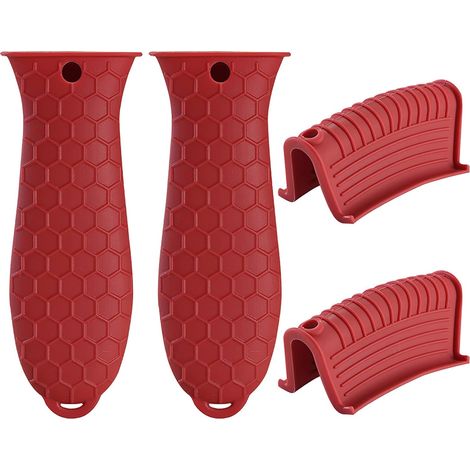 4 manchons silicone rouge – poignées chaudes – woks/poêles fonte – protection chaleur (1/4)