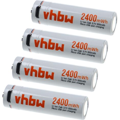 vhbw 4x Batería AA Mignon - Con conector USB Micro, 650 mAh, 3,7 V, Li-Ion