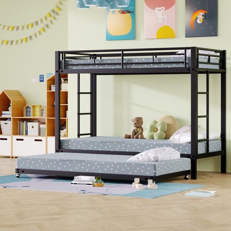 Letto a castello 90x190 cm/90x200 cm, con 2 scale, 3 reti a doghe, struttura in metallo, ringhiera di sicurezza, letto a castello - Nero
