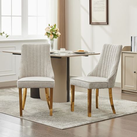 Lot de 2 chaises de salle à manger en chenille beige, design canal, pour salle à manger et salon, pieds acier inoxydable doré