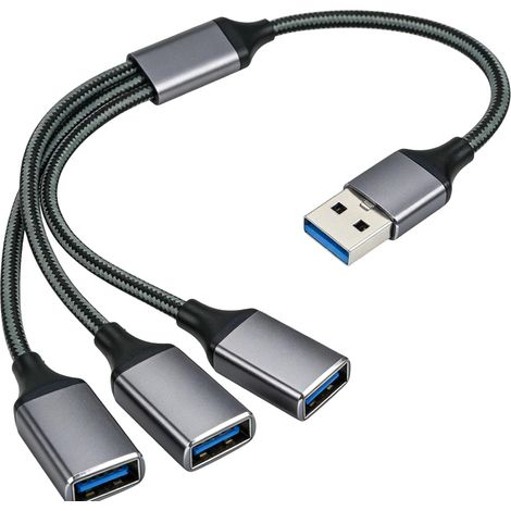 3-Port-USB-Splitter, 1-zu-3-USB-3.0-Splitter (Stecker auf Buchse) mit 1 USB-3.0- und 2 USB-2.0-Anschlüssen, Y-Kabel-USB-Splitter für Datenübertragung und Laden an PC, MacBook und PS5