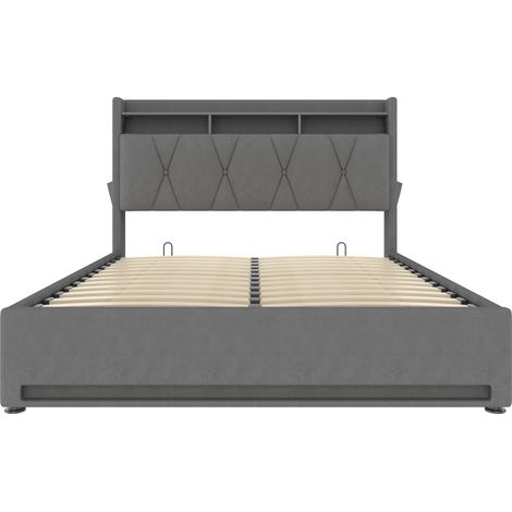 Cama tapizada 140 x 200 cm gris con almacenaje, LED, puertos USB y Type-C, sin colchón (1/5)