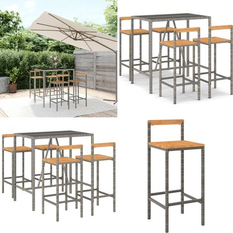 Ensemble de bar jardin 5 pcs gris poly rotin/bois massif acacia - Ensemble Salon De Jardin - Mobilier De Jardin - Table De Bar - Chaise De Bar - Résine Tressée - Home & Living (1/5)