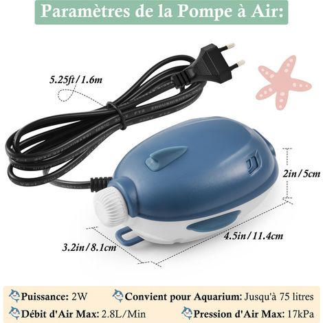 Pompe à Air Aquarium Silencieuse Débit Réglable Aérateur pour Aquarium d'Eau Douce Eau Salée Crevettes avec Accessoires (1/5)