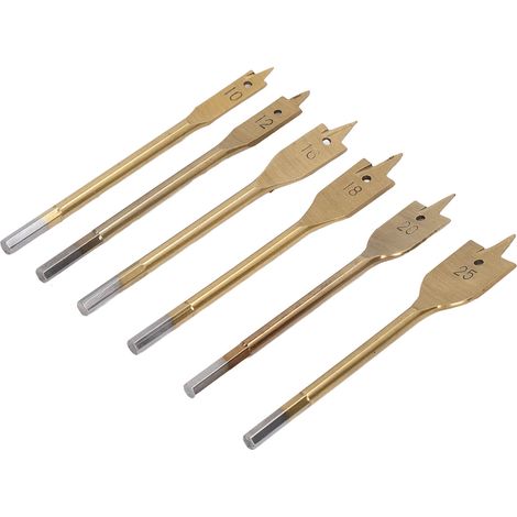 Ensemble de 6 forets à bois plats en acier à haute teneur en carbone, 3 arêtes de coupe, queue hexagonale, couleur or. (1/5)
