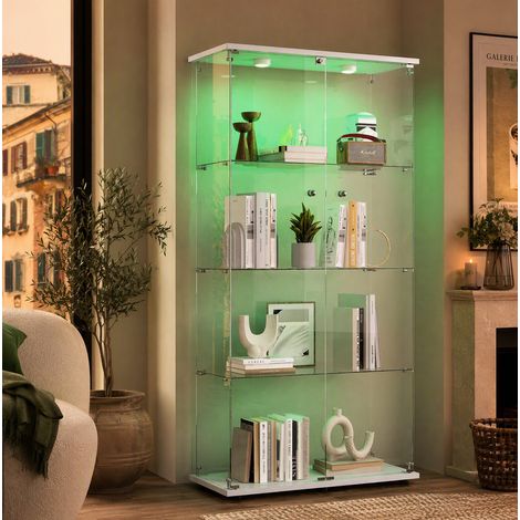 Vetrinetta in Vetro,Vetrinetta Espositiva LED RGB a 7colori,Vetrina Soggiorno Moderna con 4 Ripiani in Vetro con 2Porta e Serratura,Vetrine per Collezionismo,164x80.5×36.5cm,Vetro Specchio,Bianco
