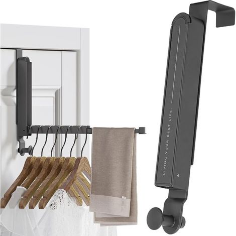 Porte-manteau de porte extensible pliable 34 cm - En métal - Pour 6 cintres - Pas de perçage nécessaire - Avec fente antidérapante pour moins de 4,4 cm - Pour sacs, vêtements et serviettes , gris (1/4)