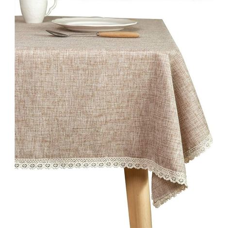 Nappe lavable en toile de jute de campagne, épaisse marron, 140x180 cm, nappe rectangulaire recouverte de bord en dentelle, adaptée à la décoration de la cuisine (1/5)