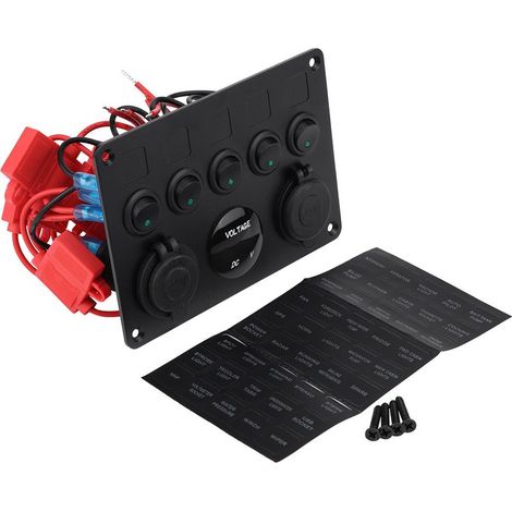 Panneau d'interrupteurs à bascule marche/arrêt 12-24 V 5 gangs, double voltmètre USB pour voiture, bateau, camion, LED verte.