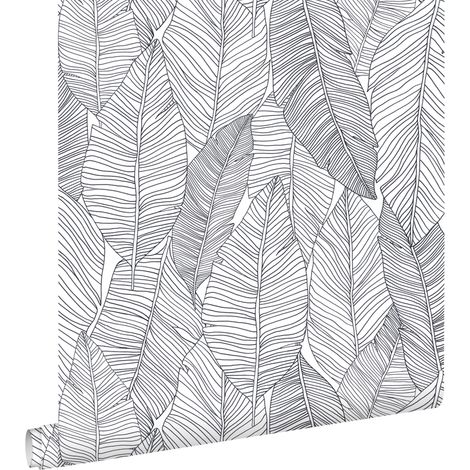 papier peint feuilles dessinées noir et blanc  - ESTAhome