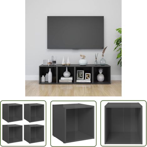 The Living Store TV-Schränke 4 Stk. Hochglanz-Grau 37x35x37 cm Holzwerkstoff - TV Schrank - Holzwerkstoff Möbel - Wohnzimmer Deko - Regal - Grau (1/5)