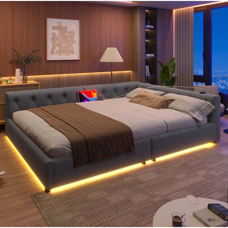 lit 140x200 avec LED USB Type-C en lin gris HAVRYA (1/5)