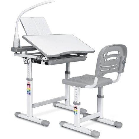 COSTWAY Kinderschreibtisch mit Stuhl & Lampe, höhenverstellbar, neigungsverstellbar, mit Schublade, Schuelerschreibtisch grau