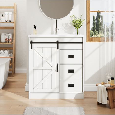 Waschbeckenunterschrank modern weiß aus MDF mit Keramikwaschbecken, 2 Schubladen und Schrankfach, 76 x 46,5 x 87,5 cm (1/5)