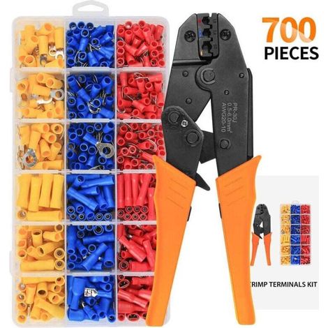 Pince à sertir cosse, Pince à Sertir à Cliquet 0,5-6 mm², Pince à Cosse de Câble, avec 700 Connecteurs à Sertir Isolés