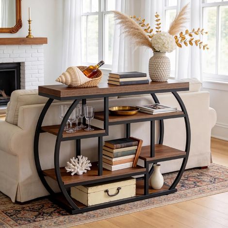 Tribesigns 6-Tier Console Table, 39.4" Industrial Sofa Entryway Table with Storage Shelves, Narrow Small Wooden Accent Tables with Metal Frame for Entry, Hallway, Foyer, Rustic Brown