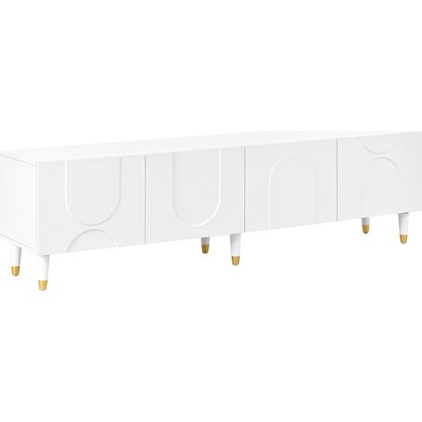 Meuble TV avec 4 portes à relief asymétrique en blanc, pieds en bois massif, rangement multiple (1/5)