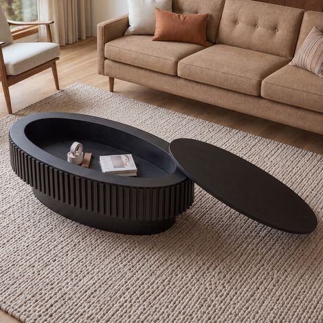 Tavolino da salotto 98 x 60 x 35 cm con contenitore nascosto design scanalato moderno impiallacciato in legno mdf nero (1/5)