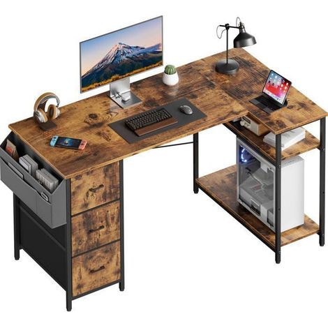 EcoFurnix Corner Desk, 140x78cm Gaming Desk, L-shaped Desk with 3 Drawers, Computer Desk with Storage, Brown