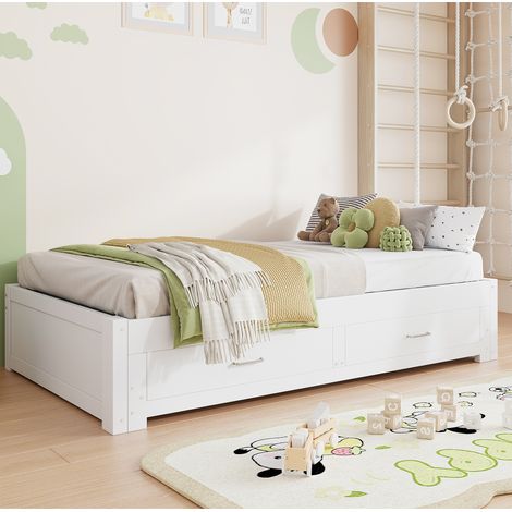 Lit adulte 90x190 cm - Lit simple - Extensible - Avec 2 tiroirs - Avec sommier à lattes - En bois - Blanc (1/5)