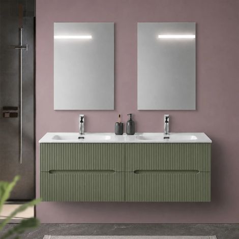 Mobile bagno sospeso 120 cm cannettato verde opaco due cassetti e doppia vasca Bali (1/5)