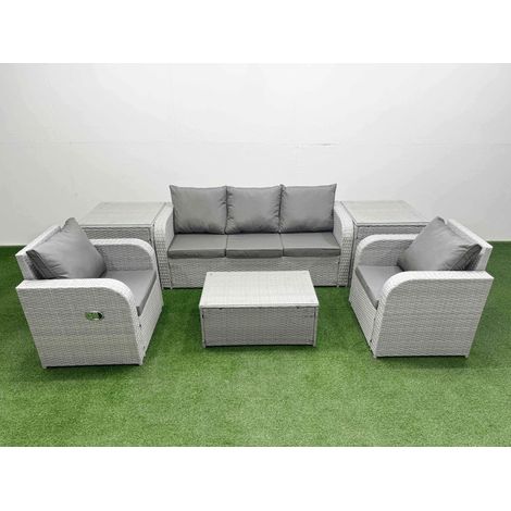 Fimous PE Rattan Garden Furniture Set Reclining Chair Sofa Lounge Sofa Set Oblong Coffee Table 2 Side Table Light Grey (1/4)