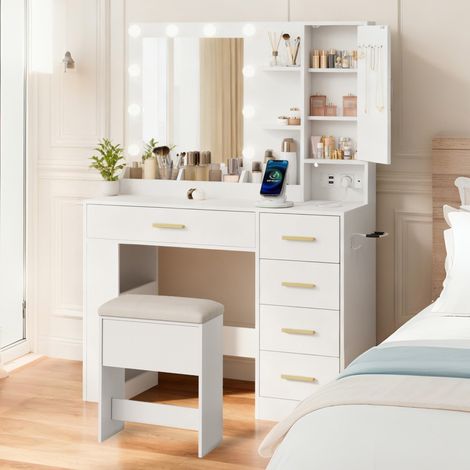 Coiffeuse blanche avec miroir LED RGB et tabouret, multi-rangements, prises USB et support sèche-cheveux, table de maquillage pour chambre (1/5)