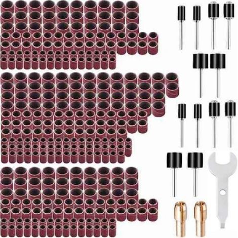 Kit Tambour de Poncage 345 Pièces, 330 Tambours Abrasifs,12 Mandrins,2 Mandrins Auto-serrage,1 Clé, Compatible avec Outils Rotatifs Dremel
