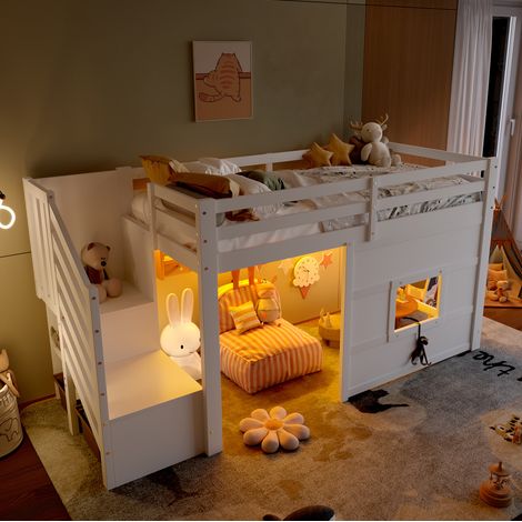 Letto a soppalco moderno 90x200 cm in legno bianco con finestra, scala contenitore, rete a doghe e LED
