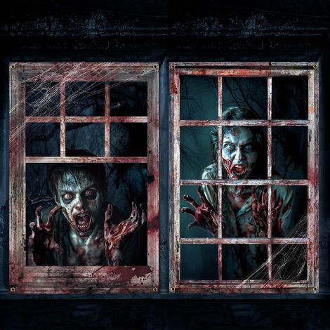 Décorations d'Halloween pour fenêtres : rideaux, guirlandes, fanions pour une fête d'Halloween en extérieur (2 pièces) - 80 x 120 cm - NG-15