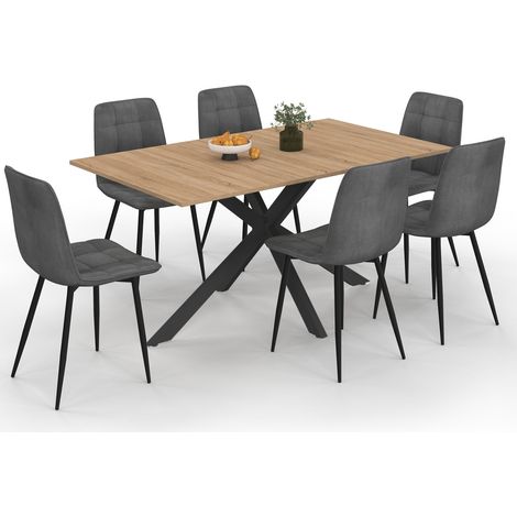 Tavolo da pranzo rettangolare ALIX 160 cm in legno e nero con 6 sedie MILA in velluto grigio scuro