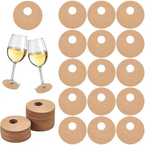 150 marque-verres à vin en papier, ronds et vierges de 7 cm (2,8 pouces), pour verres à pied. Étiquettes jetables couleur bois/blanc. Marque-verres à personnaliser. (1/5)
