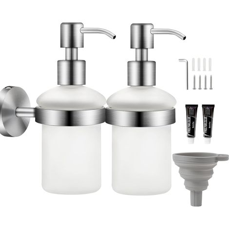 DOLASO 2 Stück Seifenspender zur Wandmontage, mattes Glas, 200 ml, Edelstahl, Seifenspender ohne Bohren, Badezimmer-Shampoo- und Duschgelspender, Quetschpumpenspender mit Trichter (1/5)