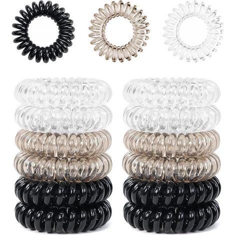 12 élastiques à cheveux en spirale, style cordon téléphonique, anti-nœuds et imperméables, pour femmes et filles, noirs, marrons et transparents. (1/5)