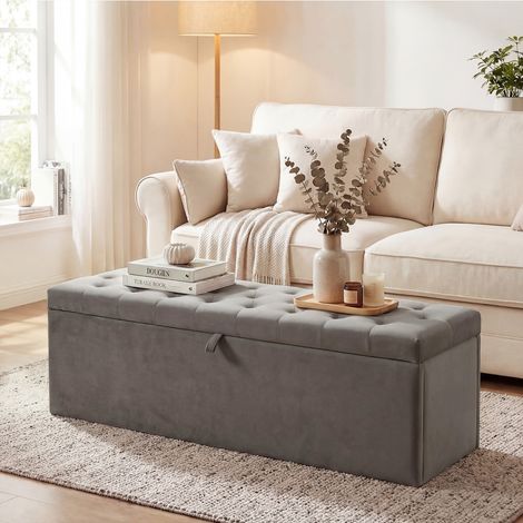 Coffre de rangement en velours de 140L avec siège large rembourré, capacité de charge 240kg, pour chambre à coucher, salon, entrée, gris (1/5)