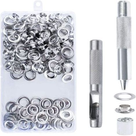 100 Oeillets Kit Oeillets Outils Métalliques Oeillet Kit 10mm Oeillet Oeillet Kit pour Toile Bâche Tente Réparation Argent (1/4)