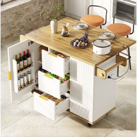 Desserte de cuisine mobile avec îlot, 2 tabourets de bar, prise, blanc bois (1/5)