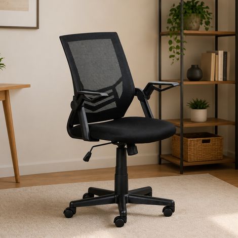 Dmora Sillón de oficina regulable en altura, en tejido negro, con asiento acolchado y respaldo de malla con soporte lumbar, 59,5x57x90 / 100 cm, con embalaje reforzado (1/5)