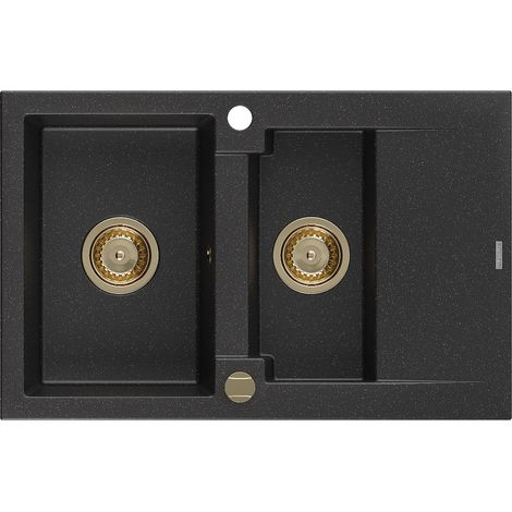 Mexen Gaspar 1,5-Becken-Granitspüle mit Abtropffläche 737 x 475 mm, Schwarz/Silbermetallic, Siphon G