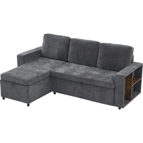 Canapé d'angle convertible 3 places en chenille grise avec rangement, L réversible 202x136x85 cm (1/5)