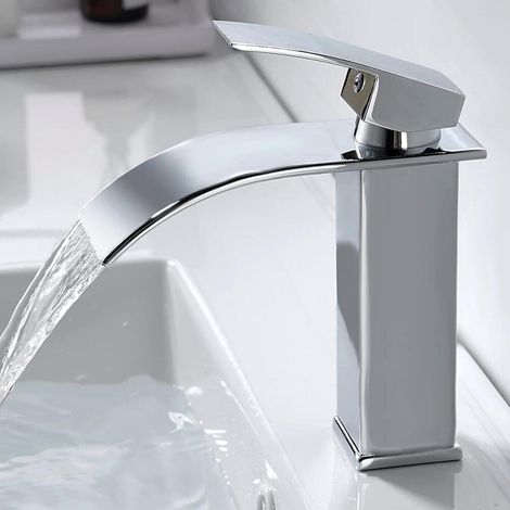 Moderne Robinet Salle de Bain Cascade,Mitigeur Cascade, Eau Chaude et Froide Disponible, Robinetterie Mitigeur Lavabo sans Tirette de Vidage (1/4)