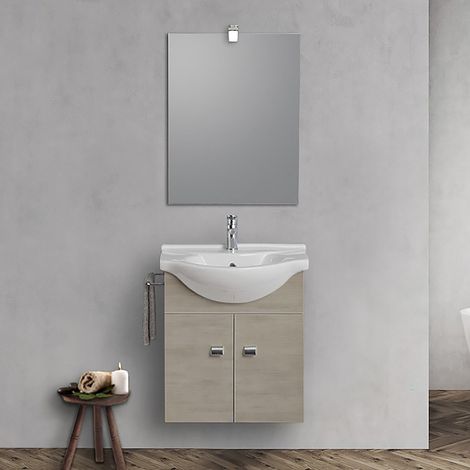 Mobiletto da bagno sospeso 55 cm rovere grigio con lavabo e specchio incluso (1/4)