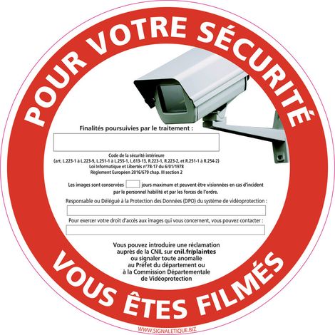 PANNEAU POUR VOTRE SECURITE VOUS ETES FILMES (G1207) - Plastique PVC 1,5 mm - Diamètre 350 mm