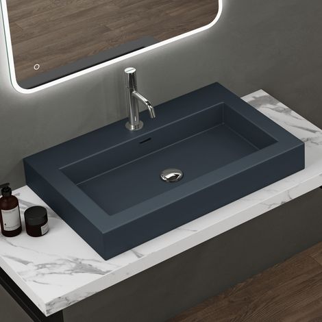 doporro Lavabo Suspendu Vasque à Poser Gris Noir Mat 73cm Lave Mains Rectangulaire Colossum18 73x48x10cm
