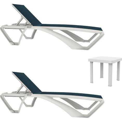 Set 2+1 chaises longues-table auxiliaire extérieur blanche - bleu jeans MARINA-ANDORRA Resol (1/4)